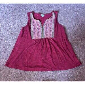 Sundance Embroidered Geometric Pattern Sleeveless Tank Top V-Neck Red Size L